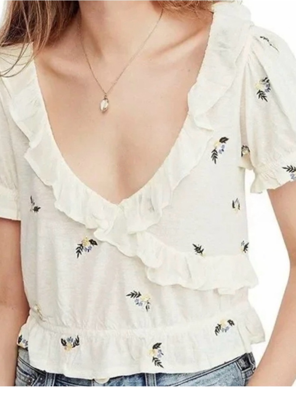 Free People Cream Floral Ruffle V-Neck Women's Top